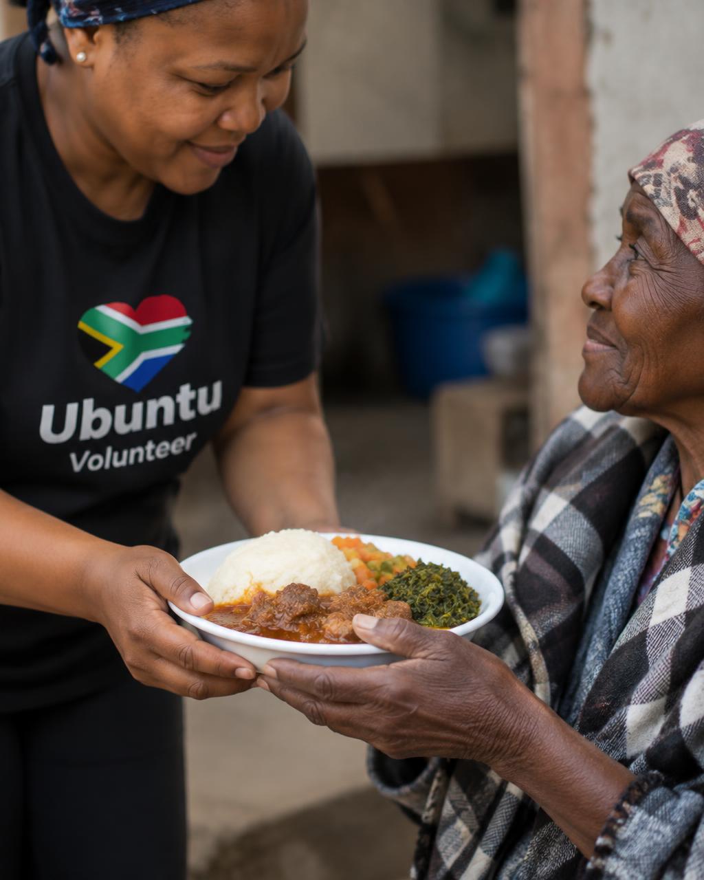 A volunteer handing a warm plate of food to an elderly woman